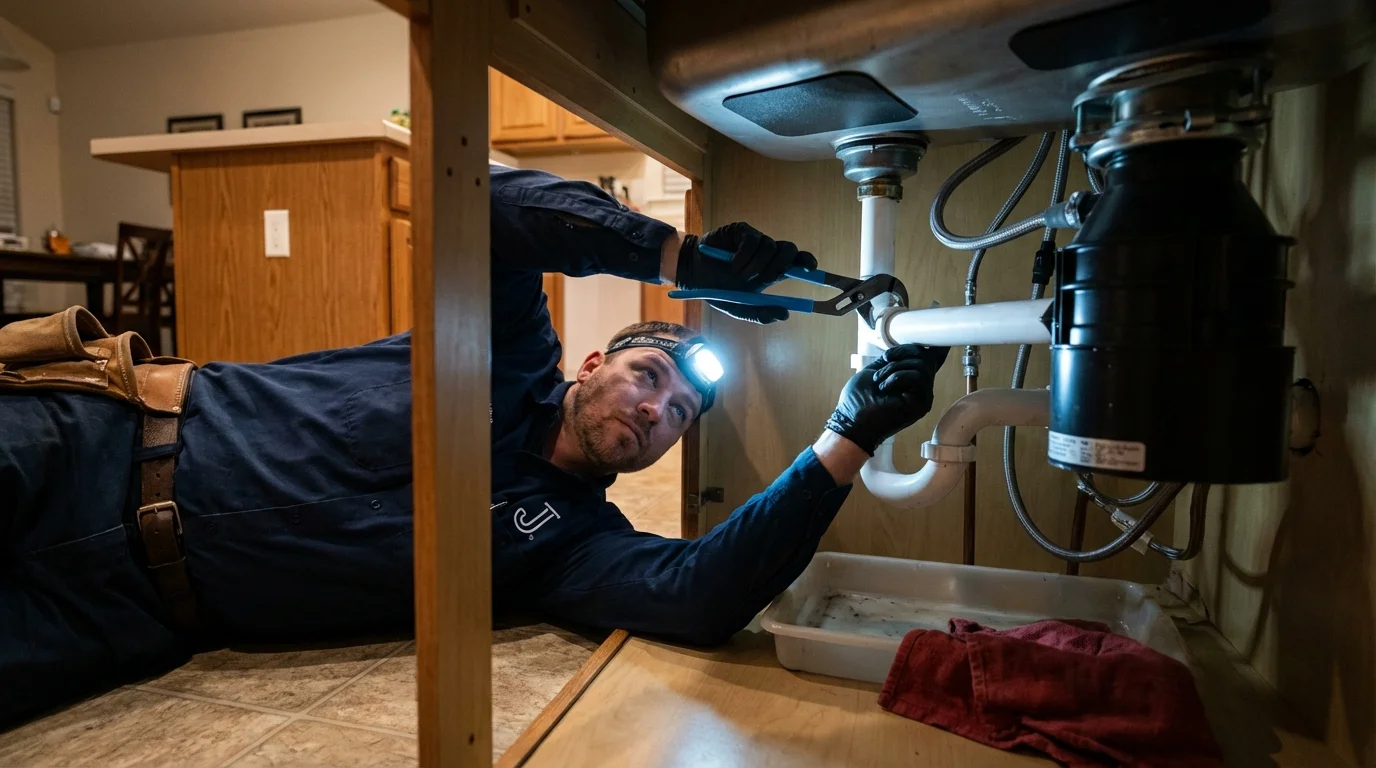 P-trap and supply line connections under a kitchen sink showing a common leak point in Goodyear, AZ